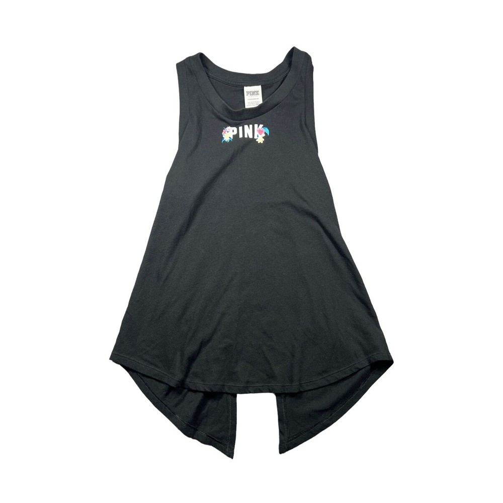 VICTORIAS SECRET  PINK  tank top black  open back floral logo size XS‎